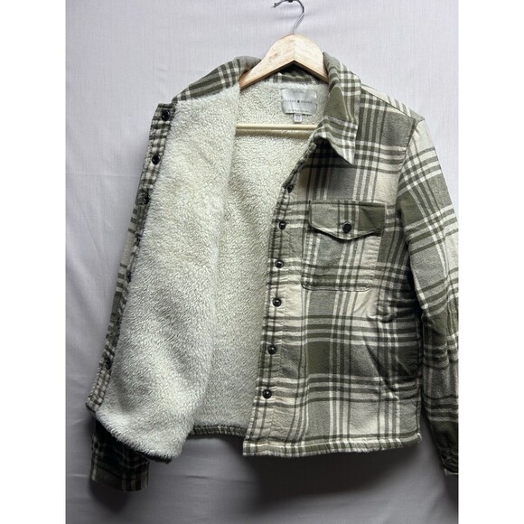 Lucky Brand Women’s Green Plaid Sherpa Coat Shacket Snap Front Medium - Picture 1 of 9